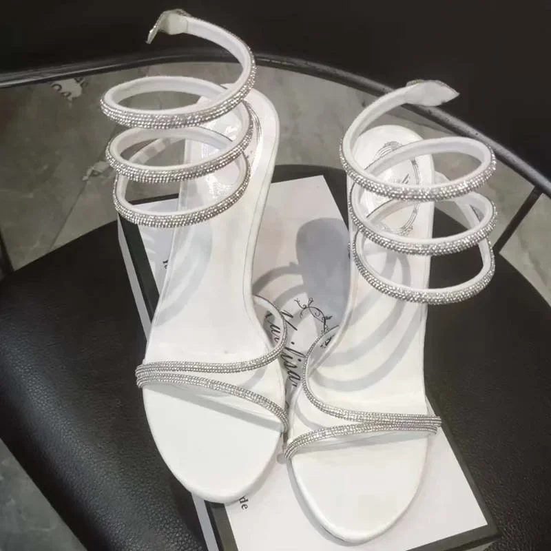 Aneikeh Star Style Luxury Crystal Snake Coiled Ankle Strap Lady Gladiator Sandals Sexy Stiletto High Heel Summer Party Prom Shoe