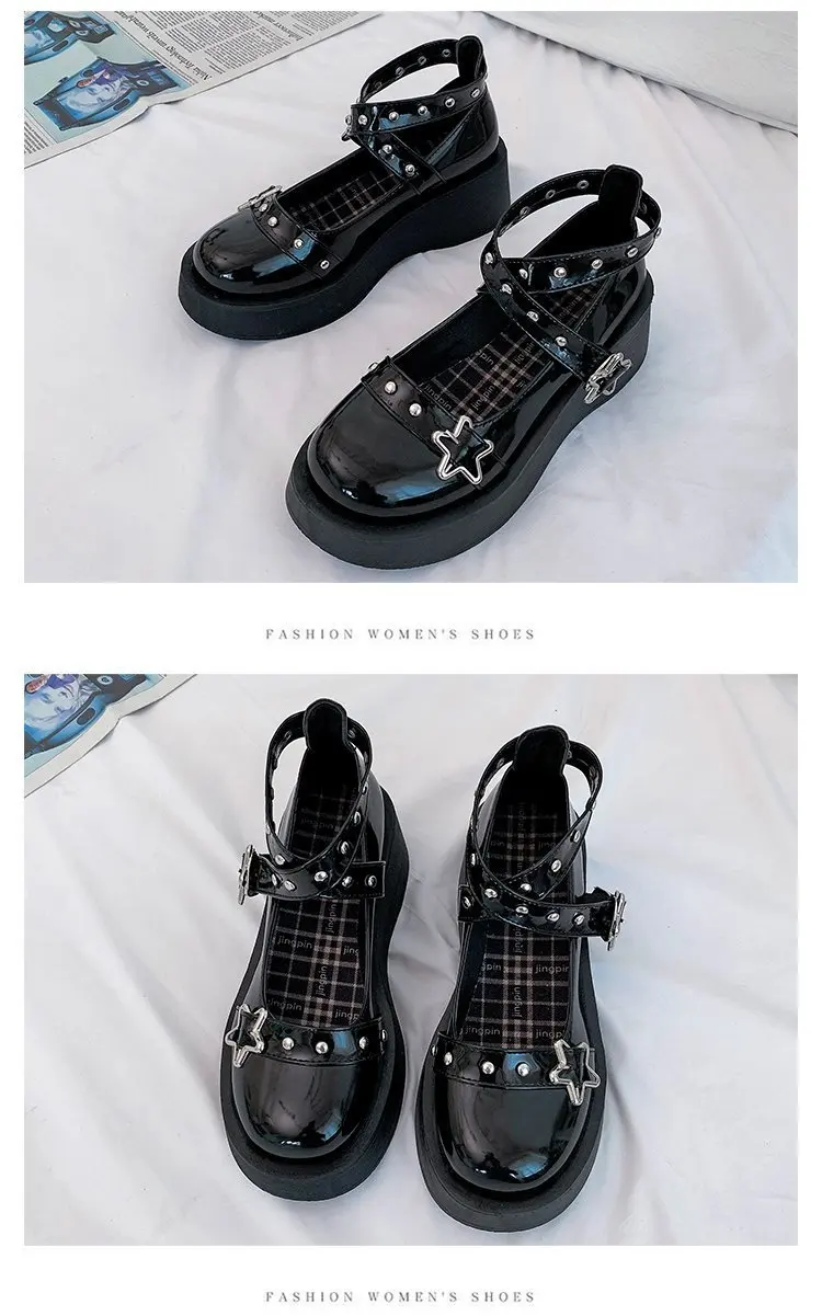 Shoes Lolita shoes Women heels platform mary janes Star Buckle Strap Mary Janes Women Cross-tied Girls Rivet Casual kawaii shoes