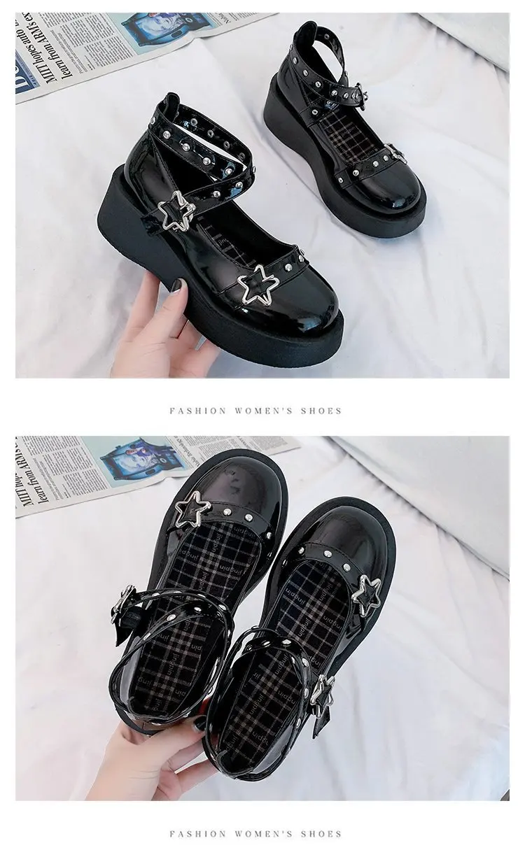 Shoes Lolita shoes Women heels platform mary janes Star Buckle Strap Mary Janes Women Cross-tied Girls Rivet Casual kawaii shoes