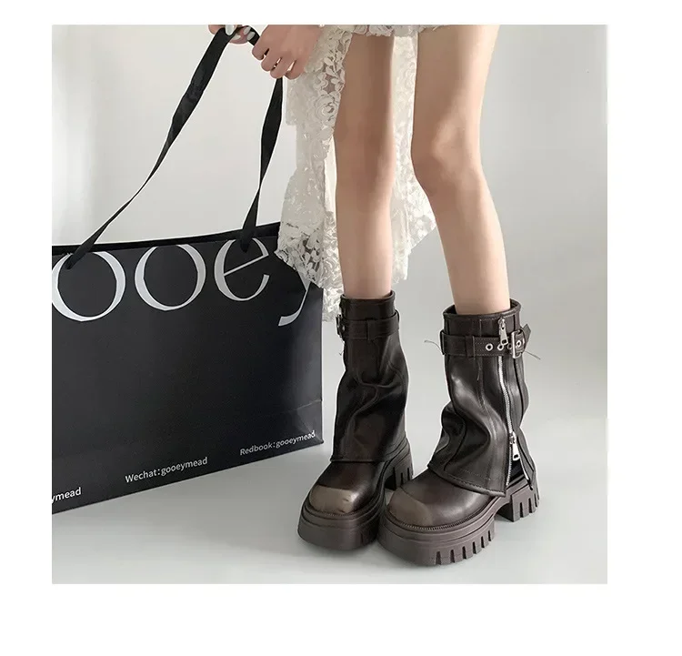 Winter Women Biker Boots Fashion Belt Buckle Ladies Elegant Platform Long Pipe Booties Casual Women's Knee High Booties2024
