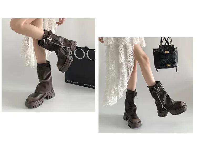 Winter Women Biker Boots Fashion Belt Buckle Ladies Elegant Platform Long Pipe Booties Casual Women's Knee High Booties2024