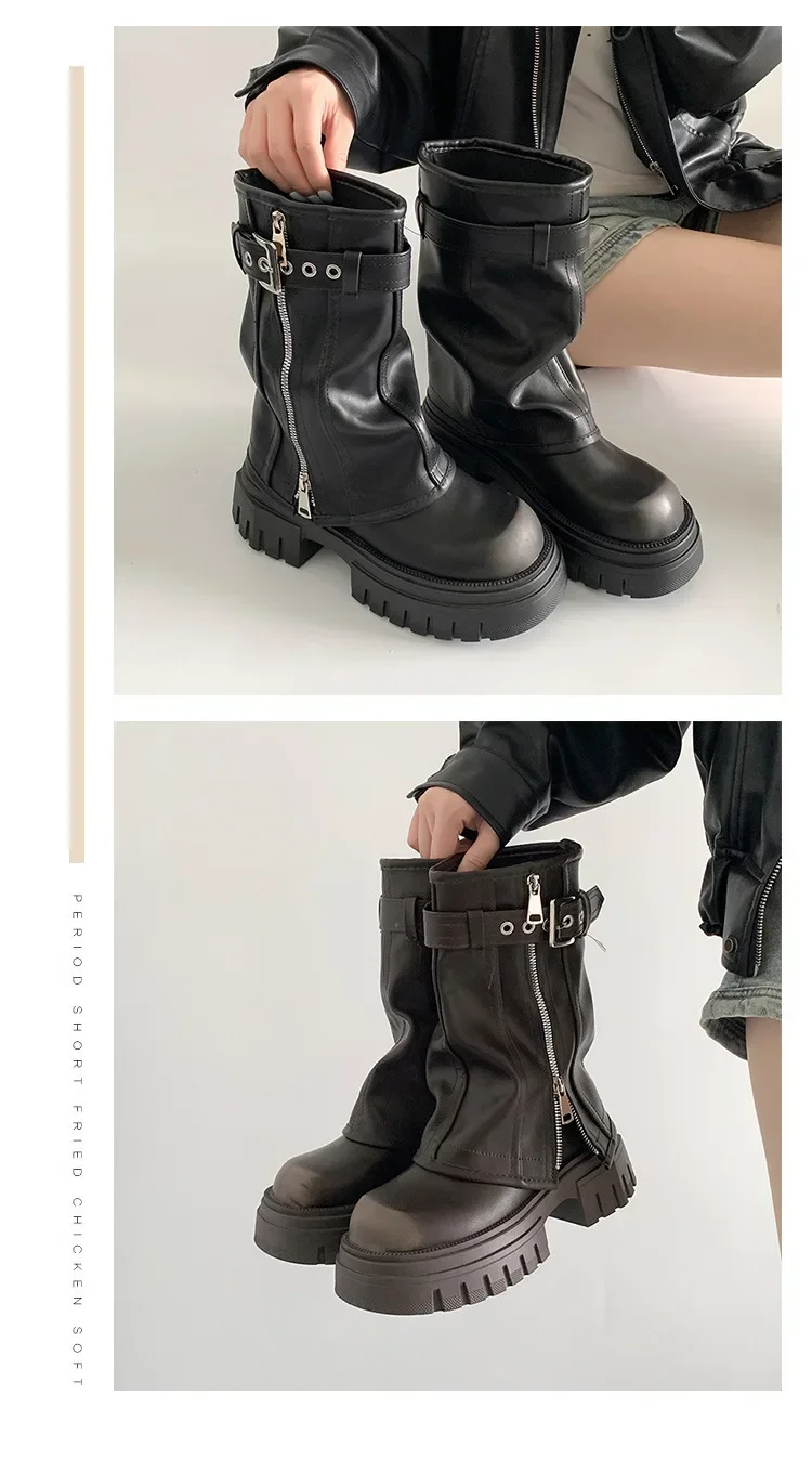 Winter Women Biker Boots Fashion Belt Buckle Ladies Elegant Platform Long Pipe Booties Casual Women's Knee High Booties2024