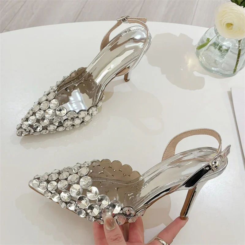 Aneikeh Fashion Stiletto Pumps Summer Silvery Rhinestone Hollow Strap High-heeled Sandals Women Wedding Banquet Shoes