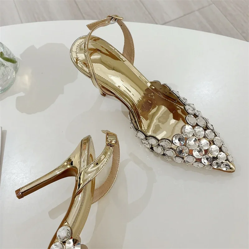 Aneikeh Fashion Stiletto Pumps Summer Silvery Rhinestone Hollow Strap High-heeled Sandals Women Wedding Banquet Shoes