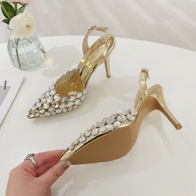 Aneikeh Fashion Stiletto Pumps Summer Silvery Rhinestone Hollow Strap High-heeled Sandals Women Wedding Banquet Shoes
