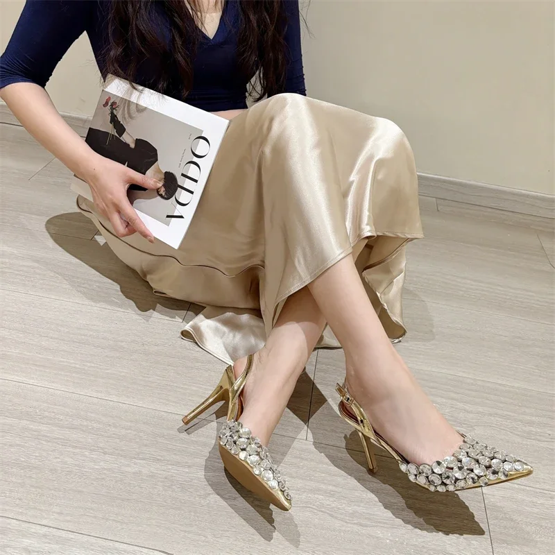 Aneikeh Fashion Stiletto Pumps Summer Silvery Rhinestone Hollow Strap High-heeled Sandals Women Wedding Banquet Shoes