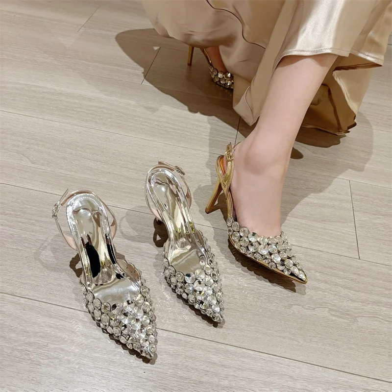 Aneikeh Fashion Stiletto Pumps Summer Silvery Rhinestone Hollow Strap High-heeled Sandals Women Wedding Banquet Shoes