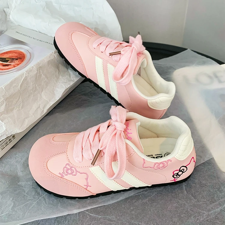 Women Sneakers Pink Cartoon Cat Print Girls Casual Shoes Round Toe Soft All‑Season Street Ladies Trainers Footwear Women's Shoes