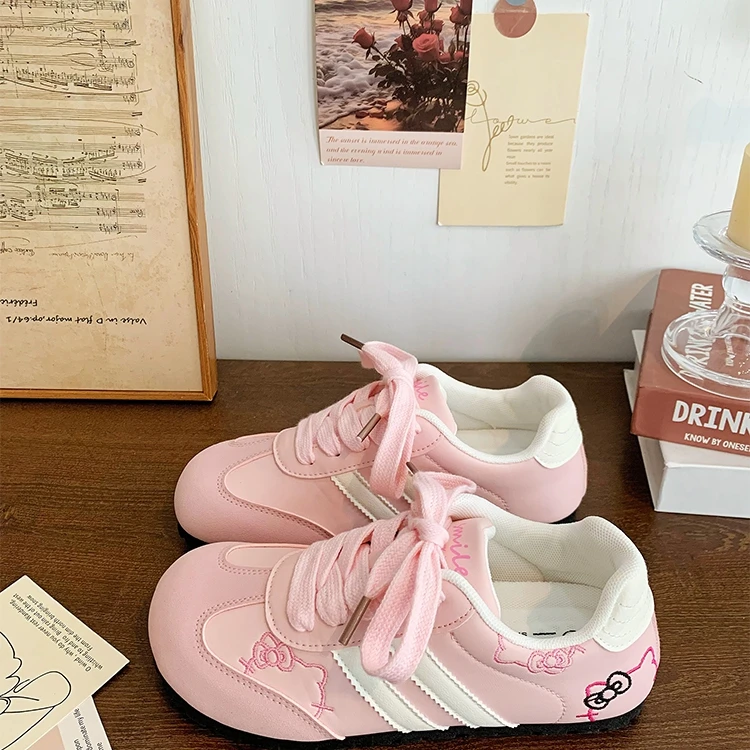 Women Sneakers Pink Cartoon Cat Print Girls Casual Shoes Round Toe Soft All‑Season Street Ladies Trainers Footwear Women's Shoes
