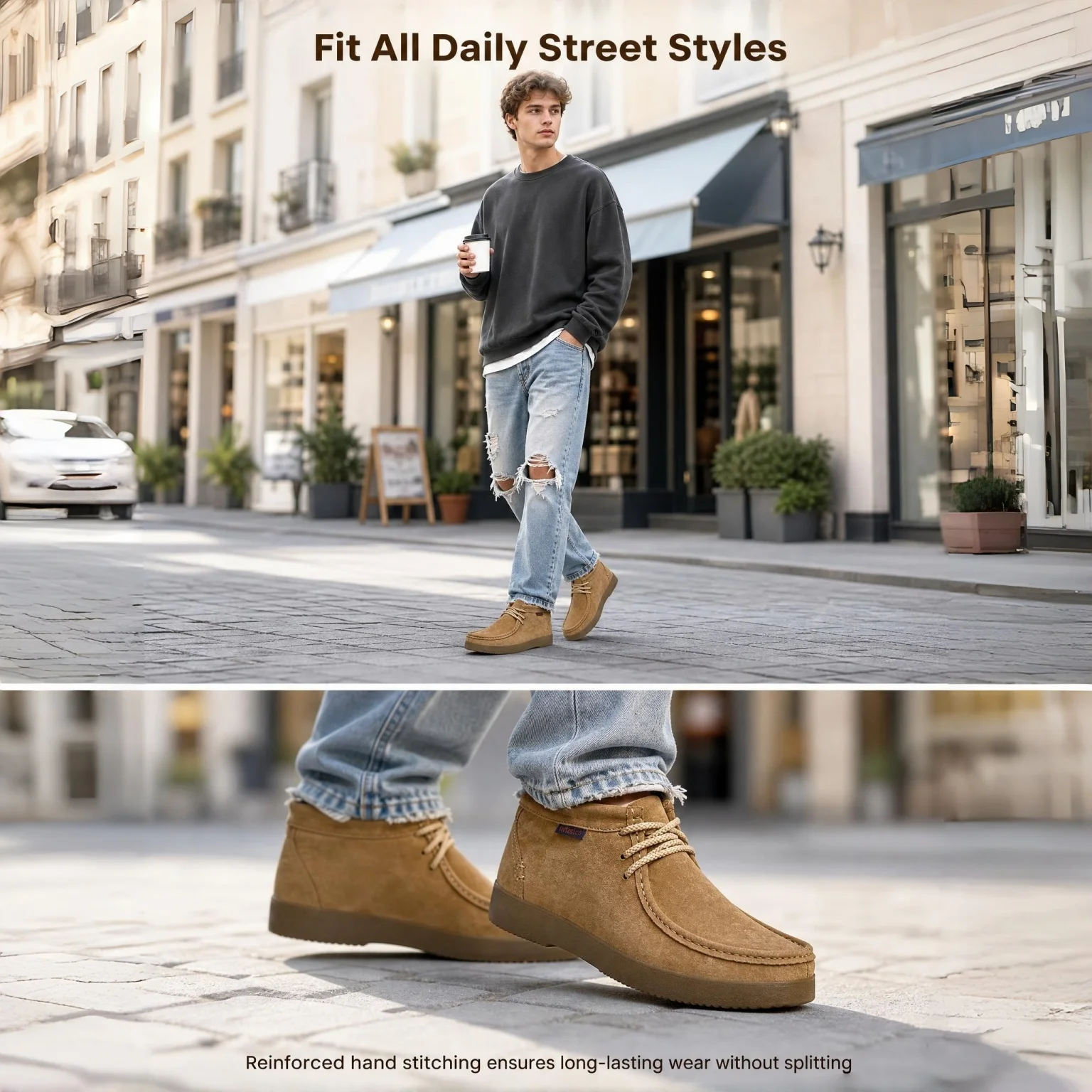 Genuine Leather Hand-Sewn Stitching Mens Boots Casual, Mocasines Para Hombre, Lace Up, Ankle Chukka Boots Slip On Lightweight