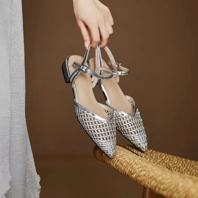 French Pointed-Toe Woven High-Heeled Sandals, Breathable Mesh Leather, Summer Fashionable Open-Toe Large-Size Women's Shoes