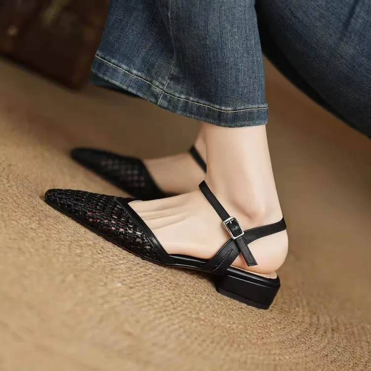 French Pointed-Toe Woven High-Heeled Sandals, Breathable Mesh Leather, Summer Fashionable Open-Toe Large-Size Women's Shoes