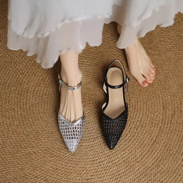 French Pointed-Toe Woven High-Heeled Sandals, Breathable Mesh Leather, Summer Fashionable Open-Toe Large-Size Women's Shoes