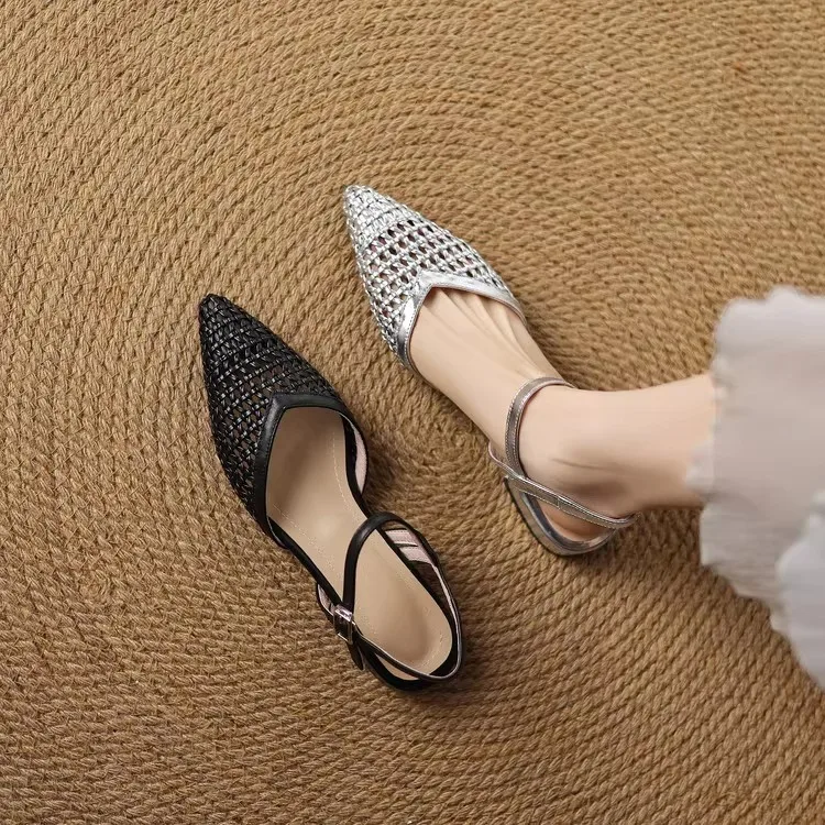 French Pointed-Toe Woven High-Heeled Sandals, Breathable Mesh Leather, Summer Fashionable Open-Toe Large-Size Women's Shoes