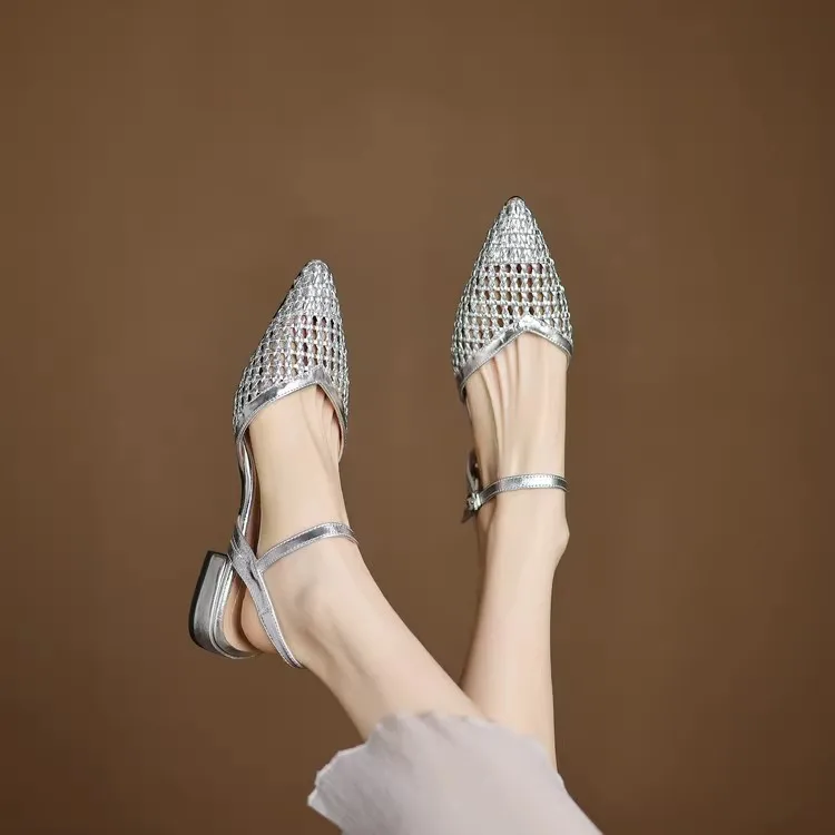 French Pointed-Toe Woven High-Heeled Sandals, Breathable Mesh Leather, Summer Fashionable Open-Toe Large-Size Women's Shoes