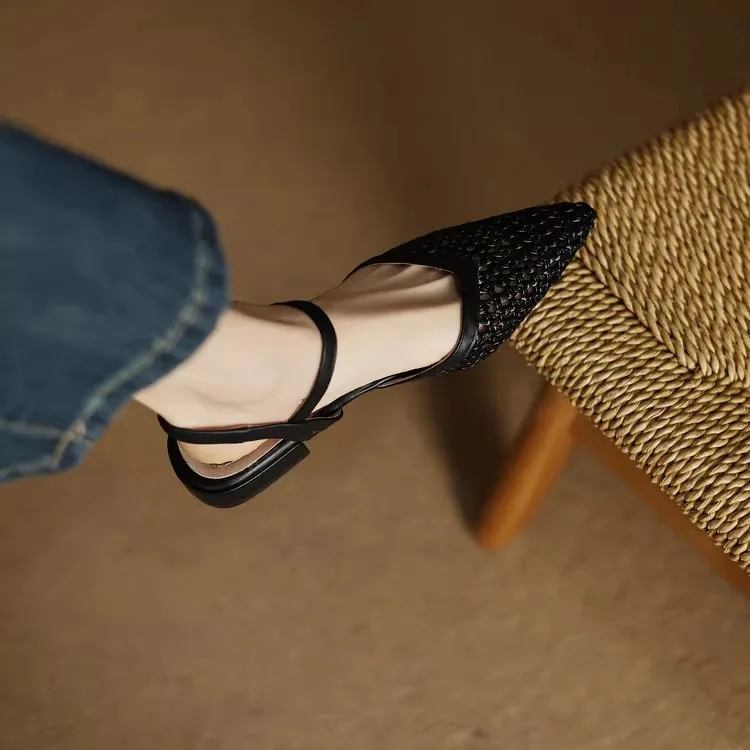 French Pointed-Toe Woven High-Heeled Sandals, Breathable Mesh Leather, Summer Fashionable Open-Toe Large-Size Women's Shoes