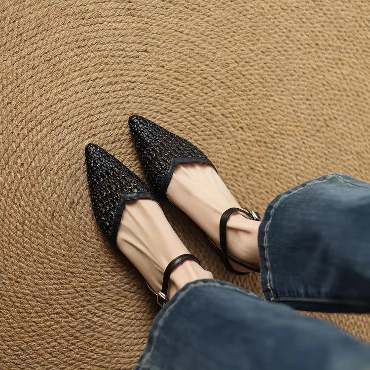 French Pointed-Toe Woven High-Heeled Sandals, Breathable Mesh Leather, Summer Fashionable Open-Toe Large-Size Women's Shoes