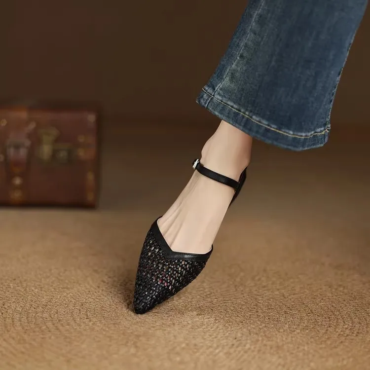 French Pointed-Toe Woven High-Heeled Sandals, Breathable Mesh Leather, Summer Fashionable Open-Toe Large-Size Women's Shoes