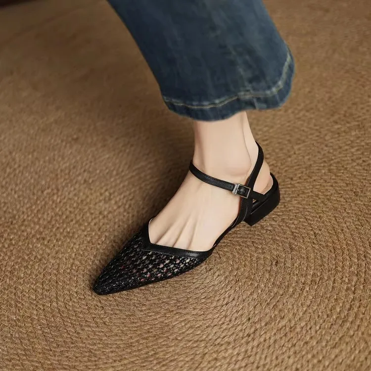French Pointed-Toe Woven High-Heeled Sandals, Breathable Mesh Leather, Summer Fashionable Open-Toe Large-Size Women's Shoes