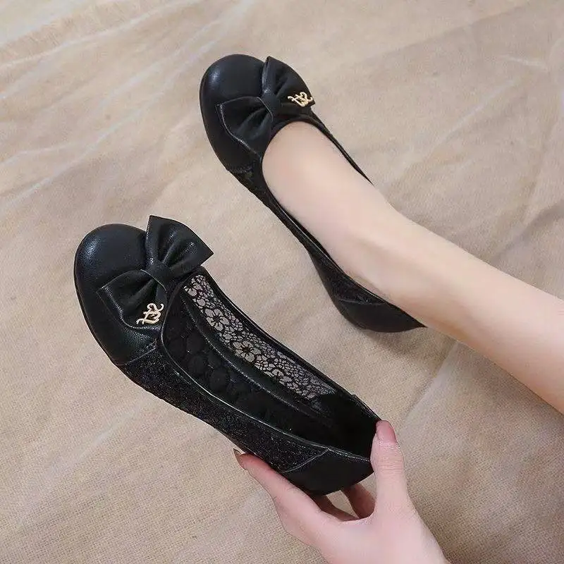 *Fashionable New Round Toe Mesh Bow Comfortable Flat Shoes Summer Hot Selling Elegant Sexy Walking Casual Shoes for Women