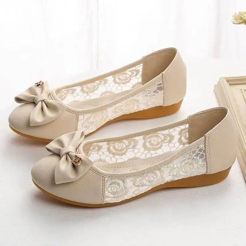*Fashionable New Round Toe Mesh Bow Comfortable Flat Shoes Summer Hot Selling Elegant Sexy Walking Casual Shoes for Women