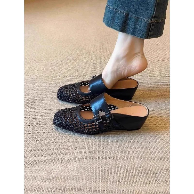 Women Woven Hollow Mules Summer Square Toe Double Buckle Wedge Heel Slip On Retro Breathable Outdoor Mules Slides
