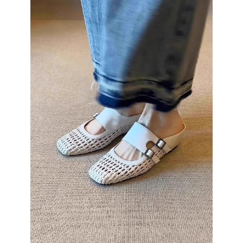 Women Woven Hollow Mules Summer Square Toe Double Buckle Wedge Heel Slip On Retro Breathable Outdoor Mules Slides