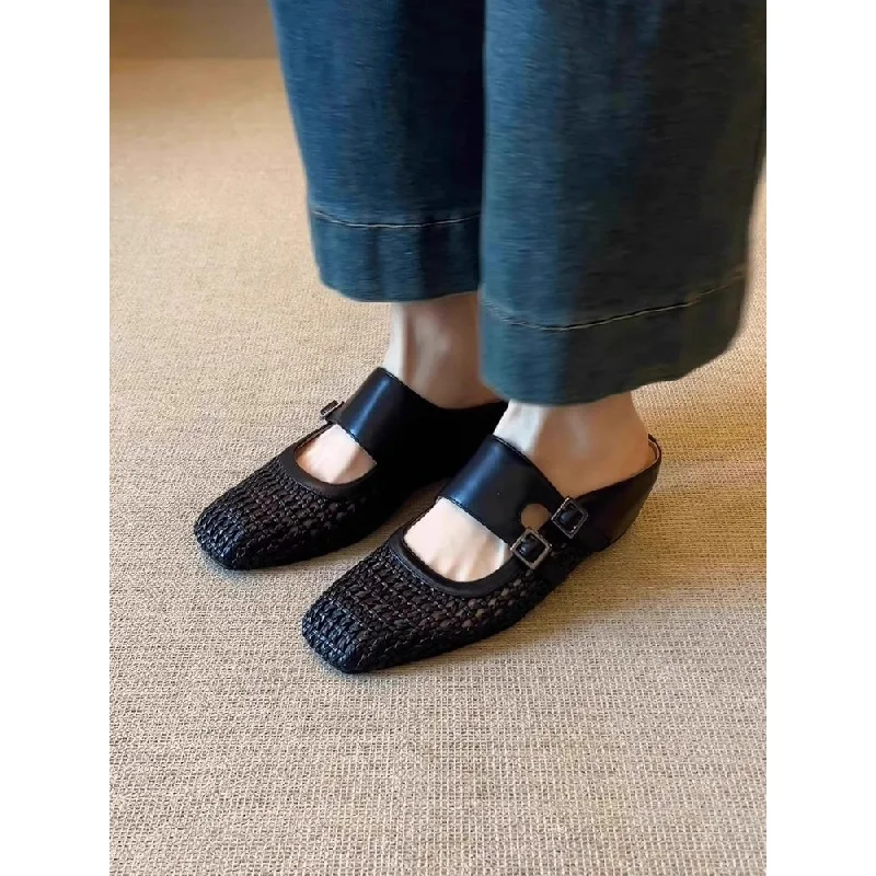 Women Woven Hollow Mules Summer Square Toe Double Buckle Wedge Heel Slip On Retro Breathable Outdoor Mules Slides