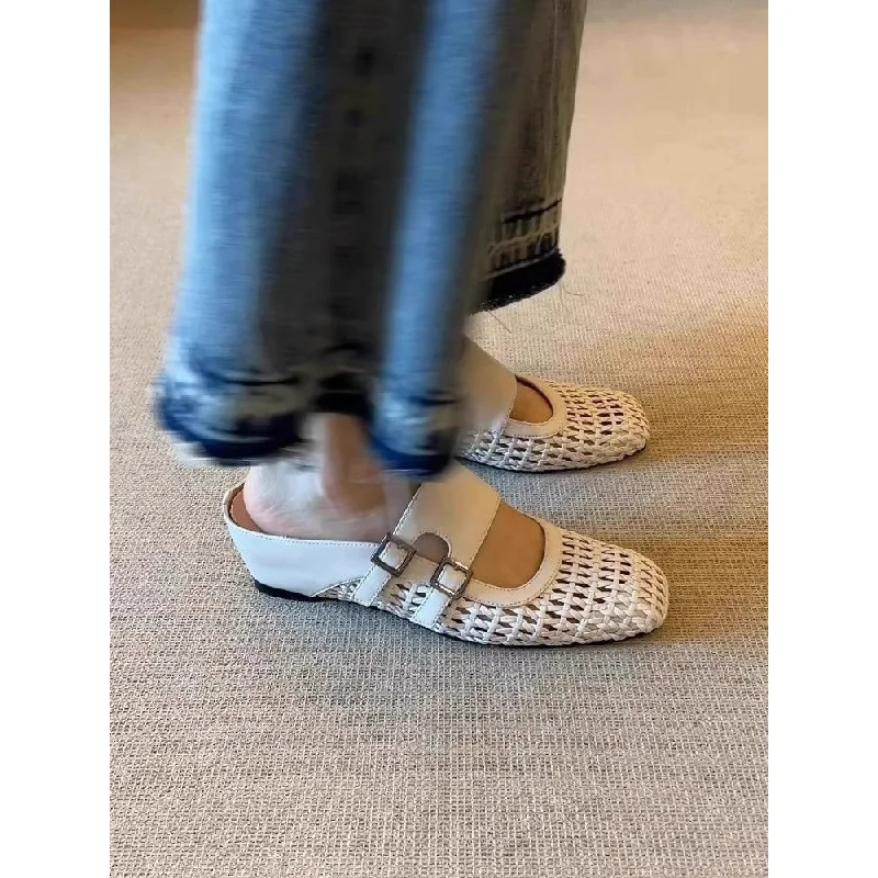 Women Woven Hollow Mules Summer Square Toe Double Buckle Wedge Heel Slip On Retro Breathable Outdoor Mules Slides