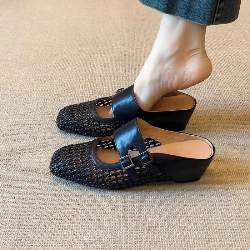 Women Woven Hollow Mules Summer Square Toe Double Buckle Wedge Heel Slip On Retro Breathable Outdoor Mules Slides