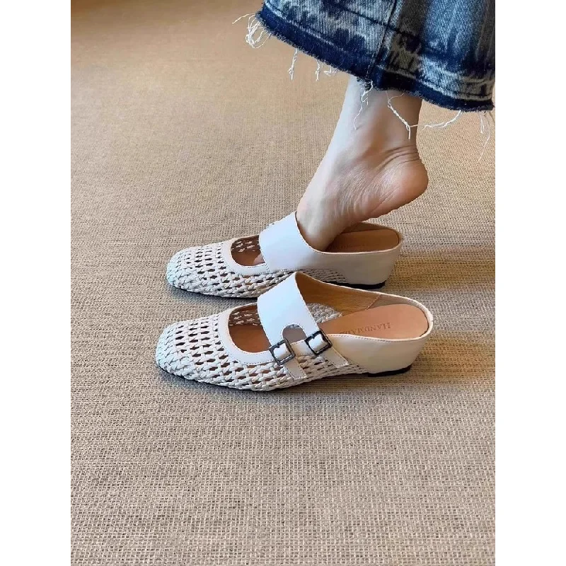 Women Woven Hollow Mules Summer Square Toe Double Buckle Wedge Heel Slip On Retro Breathable Outdoor Mules Slides
