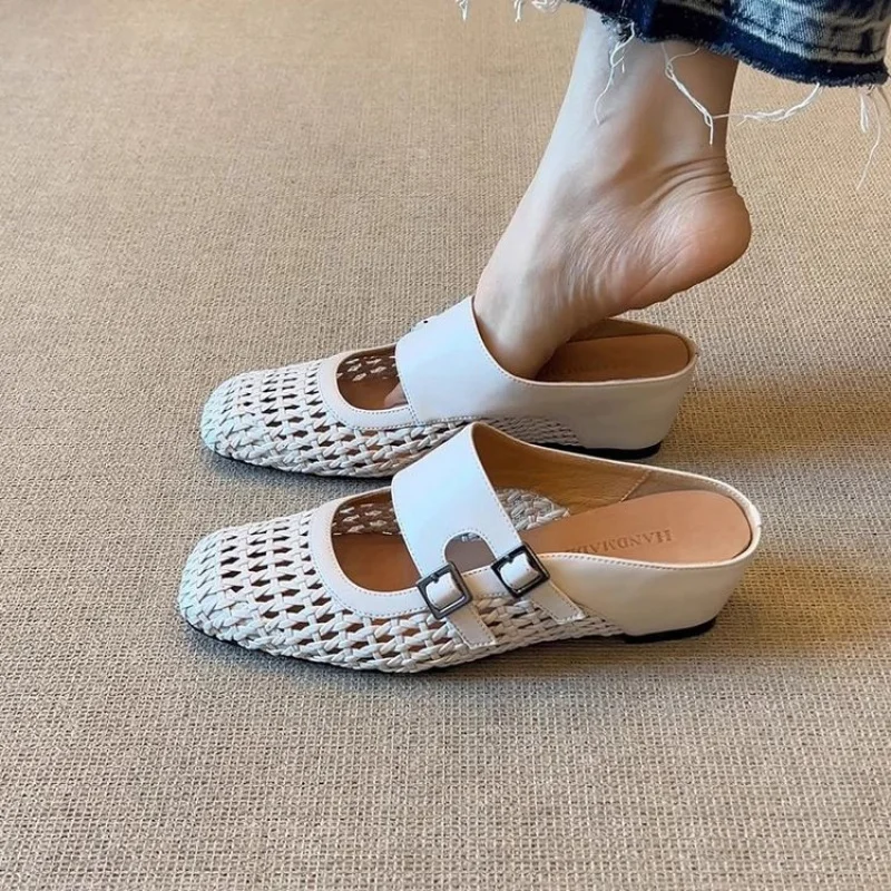 Women Woven Hollow Mules Summer Square Toe Double Buckle Wedge Heel Slip On Retro Breathable Outdoor Mules Slides