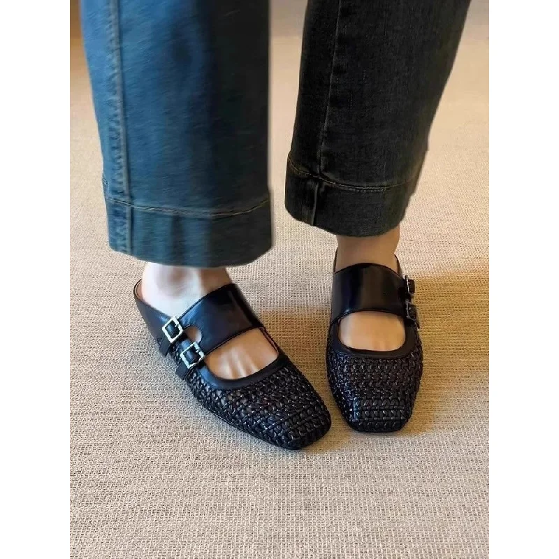 Women Woven Hollow Mules Summer Square Toe Double Buckle Wedge Heel Slip On Retro Breathable Outdoor Mules Slides