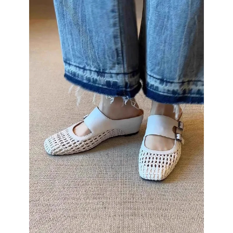 Women Woven Hollow Mules Summer Square Toe Double Buckle Wedge Heel Slip On Retro Breathable Outdoor Mules Slides