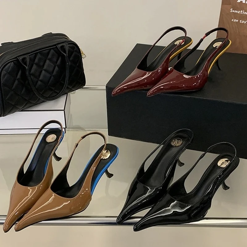 Aneikeh Retro Fashion Sexy Designer Patent Leather Pointed Toe High Heels Pumps Women Shallow Elegant Wedding Party Shoes