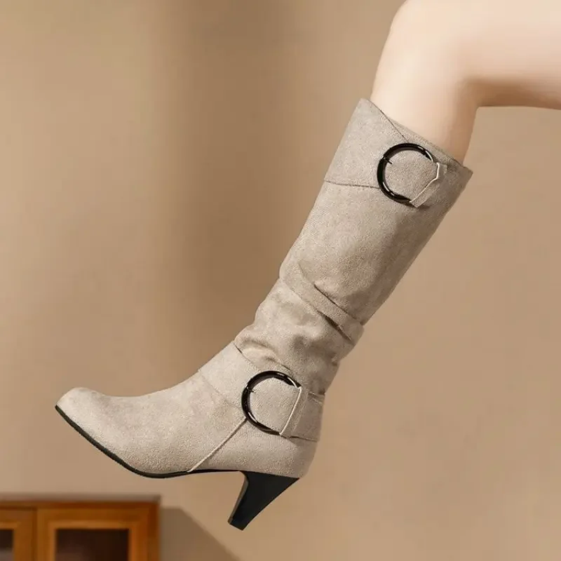 Knee-high Zipper Women's Modern Boots Women's Shoes High Quality New Pointed Toe Solid English Style Fashion Casual Plus Size 43