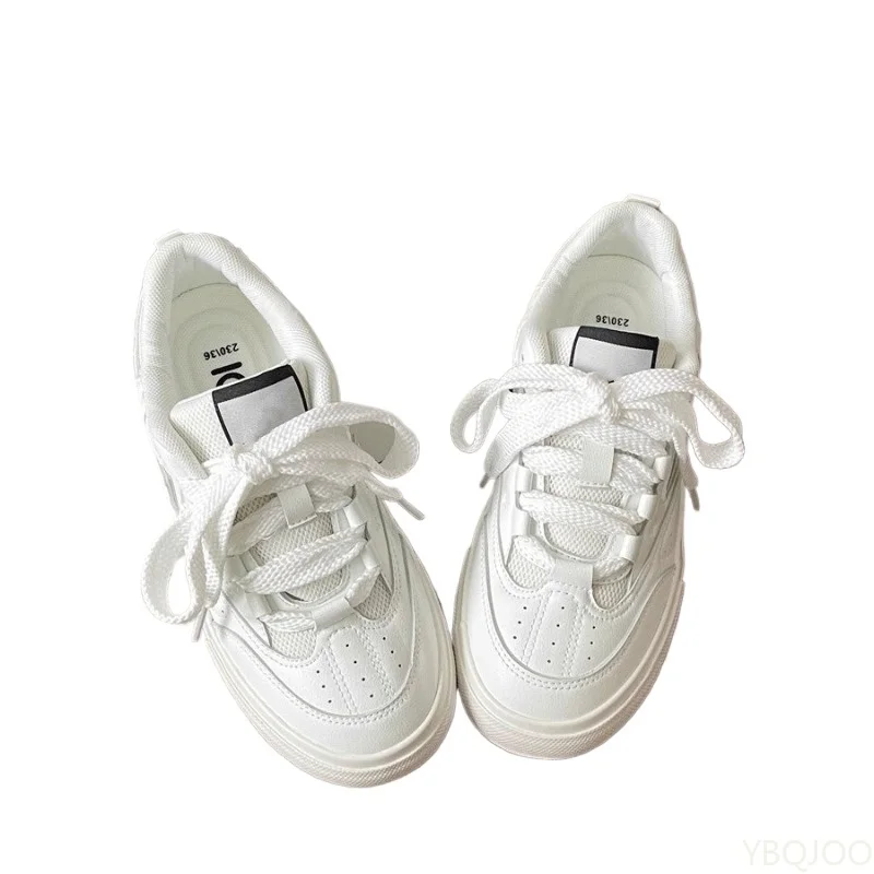 Retro thick soled white shoes for women's spring summer new round toe casual lace up simple comfortable women's board shoes