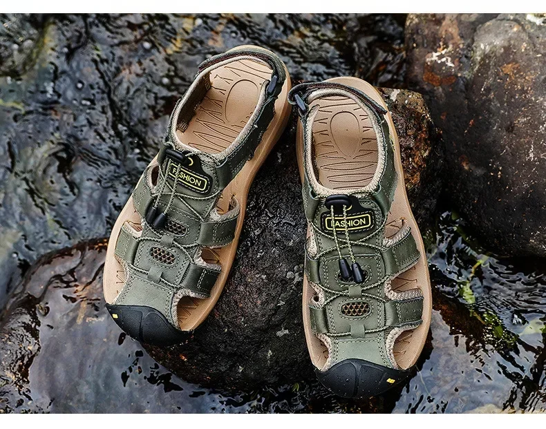 2026 New Men's Sandals Handmade Thick Bottom Rubber Breathable Casual Slip-On Beach Shoes Leather Upgraded Version