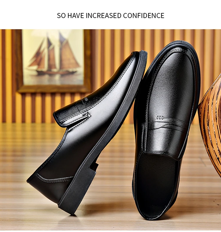 Black Men Slip On Leather Loafers Comfort Non-Slip Formal Dress Shoes for Business Office Daily Wear