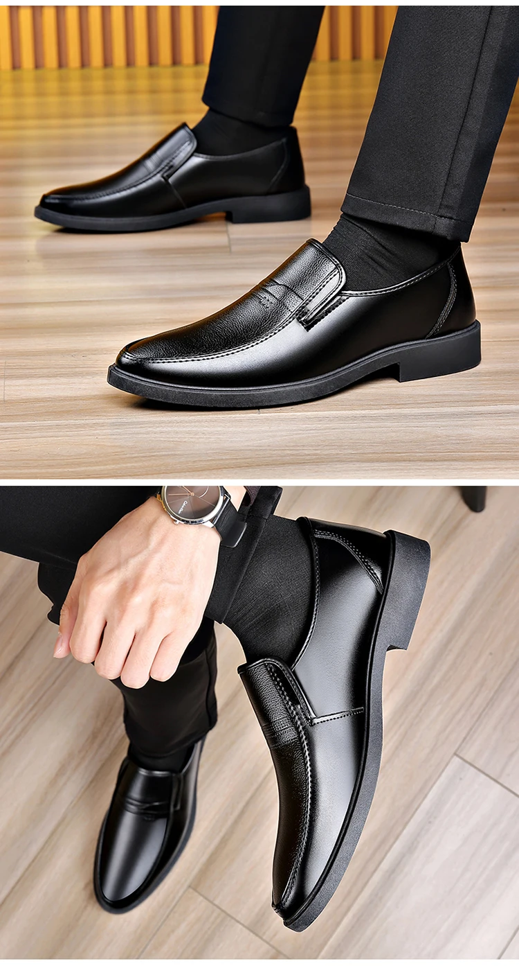 Black Men Slip On Leather Loafers Comfort Non-Slip Formal Dress Shoes for Business Office Daily Wear