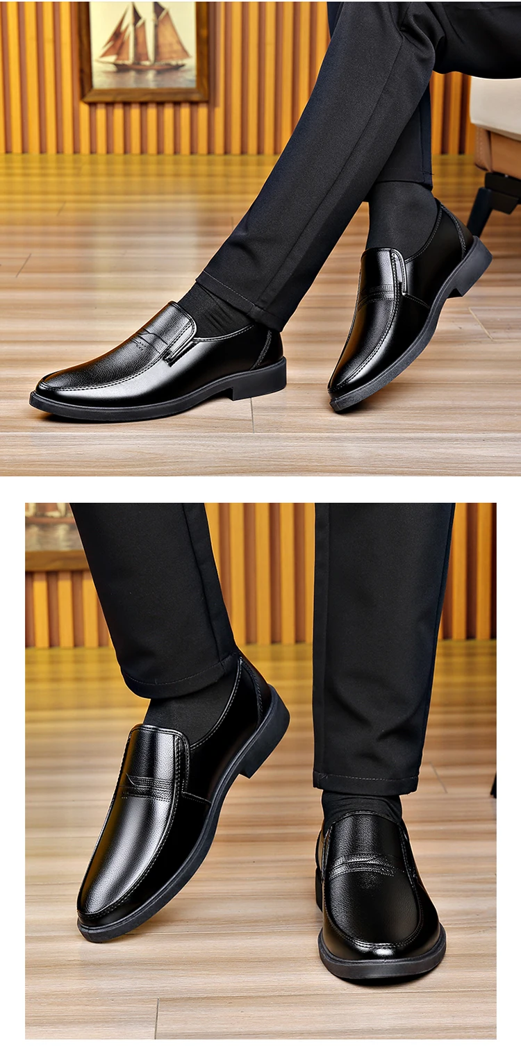 Black Men Slip On Leather Loafers Comfort Non-Slip Formal Dress Shoes for Business Office Daily Wear