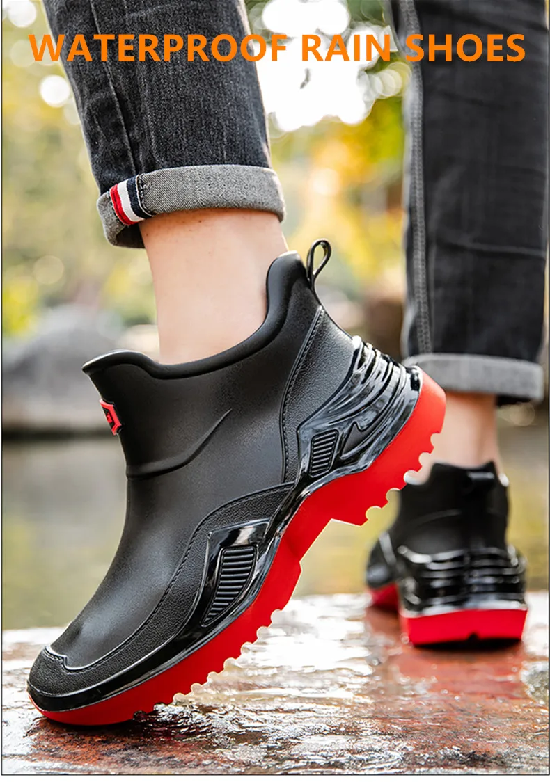 Men's Ankle Rain Boots Outdoor Waterproof Men Rain Shoes Anti-Slip Wear-resistant Men Kitchen Water Shoes Fishing Rubber Shoes