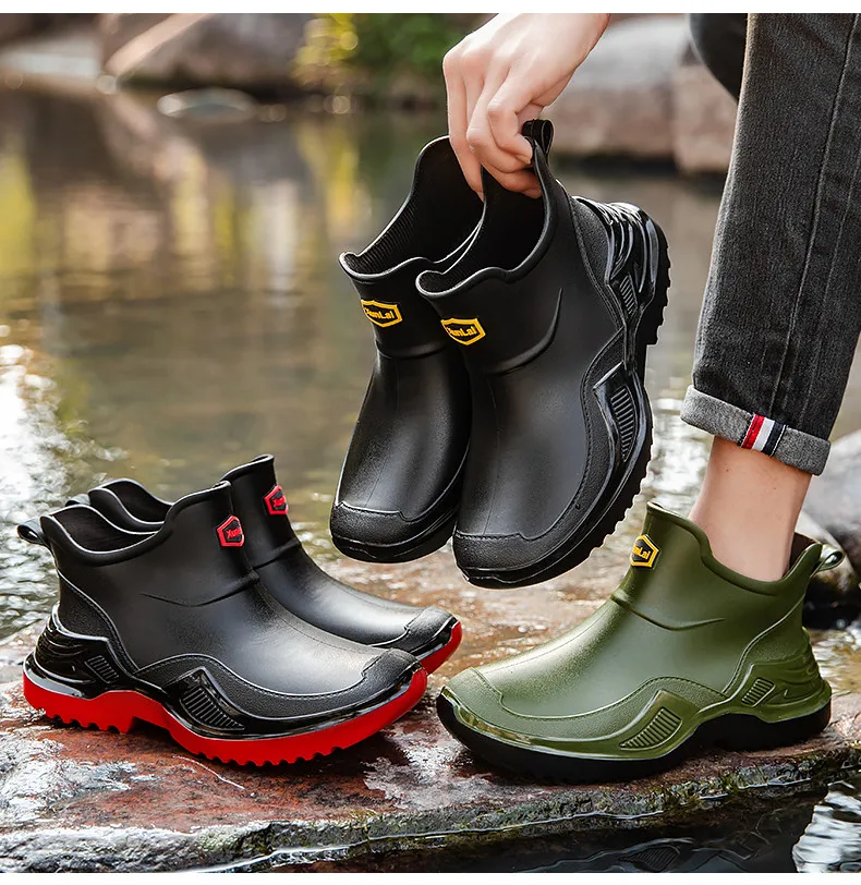 Men's Ankle Rain Boots Outdoor Waterproof Men Rain Shoes Anti-Slip Wear-resistant Men Kitchen Water Shoes Fishing Rubber Shoes