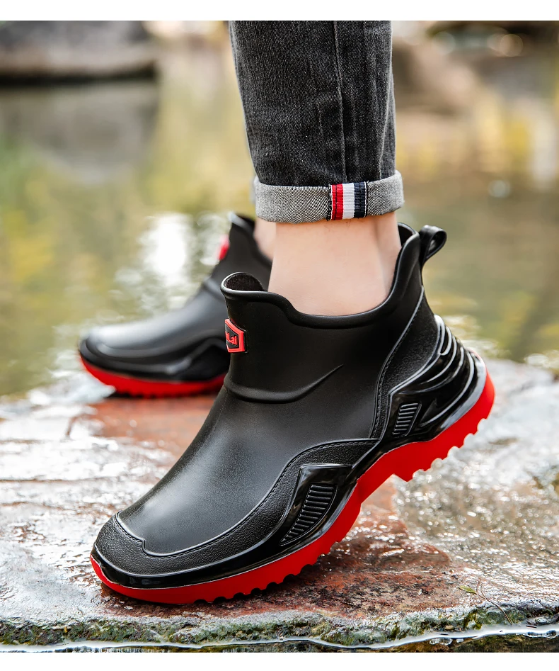 Men's Ankle Rain Boots Outdoor Waterproof Men Rain Shoes Anti-Slip Wear-resistant Men Kitchen Water Shoes Fishing Rubber Shoes
