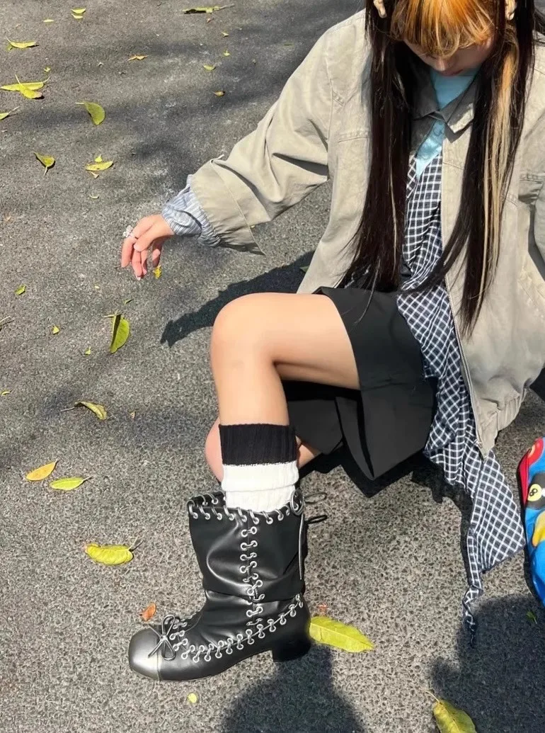 Square Toe Lace-Up Bow Pleated Fashion Boots Vintage Big Barrel Girl Block Heel Booties Stack Mid-Barrel Boots Women