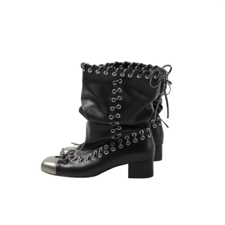Square Toe Lace-Up Bow Pleated Fashion Boots Vintage Big Barrel Girl Block Heel Booties Stack Mid-Barrel Boots Women