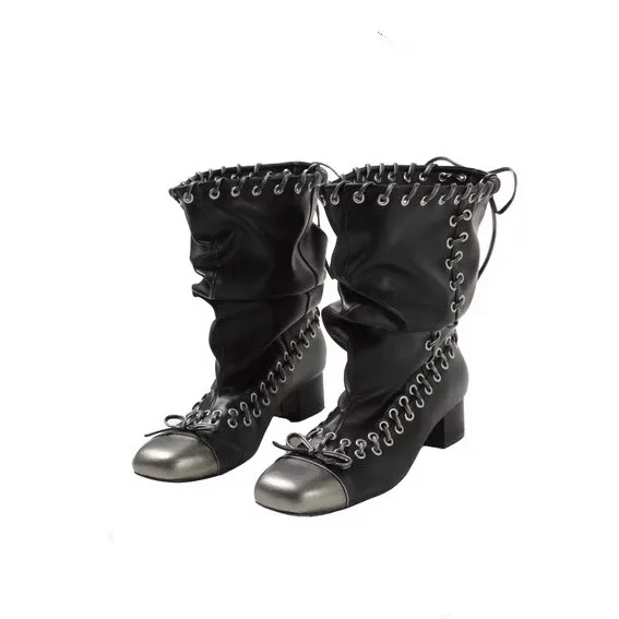Square Toe Lace-Up Bow Pleated Fashion Boots Vintage Big Barrel Girl Block Heel Booties Stack Mid-Barrel Boots Women