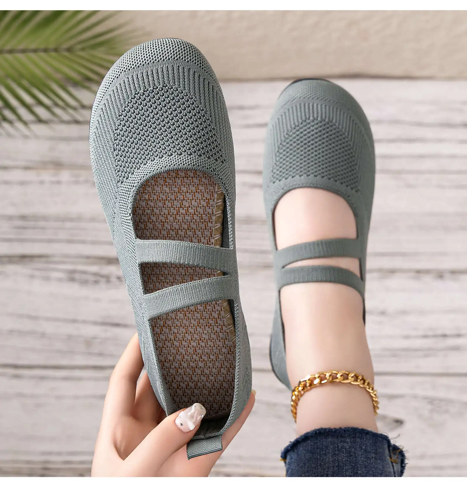 Women's Breathable Knit Sneakers Casual Ballet Flats Mary Janes Lightweight MeshFemale Dress Flats Shoes Footwear Summer