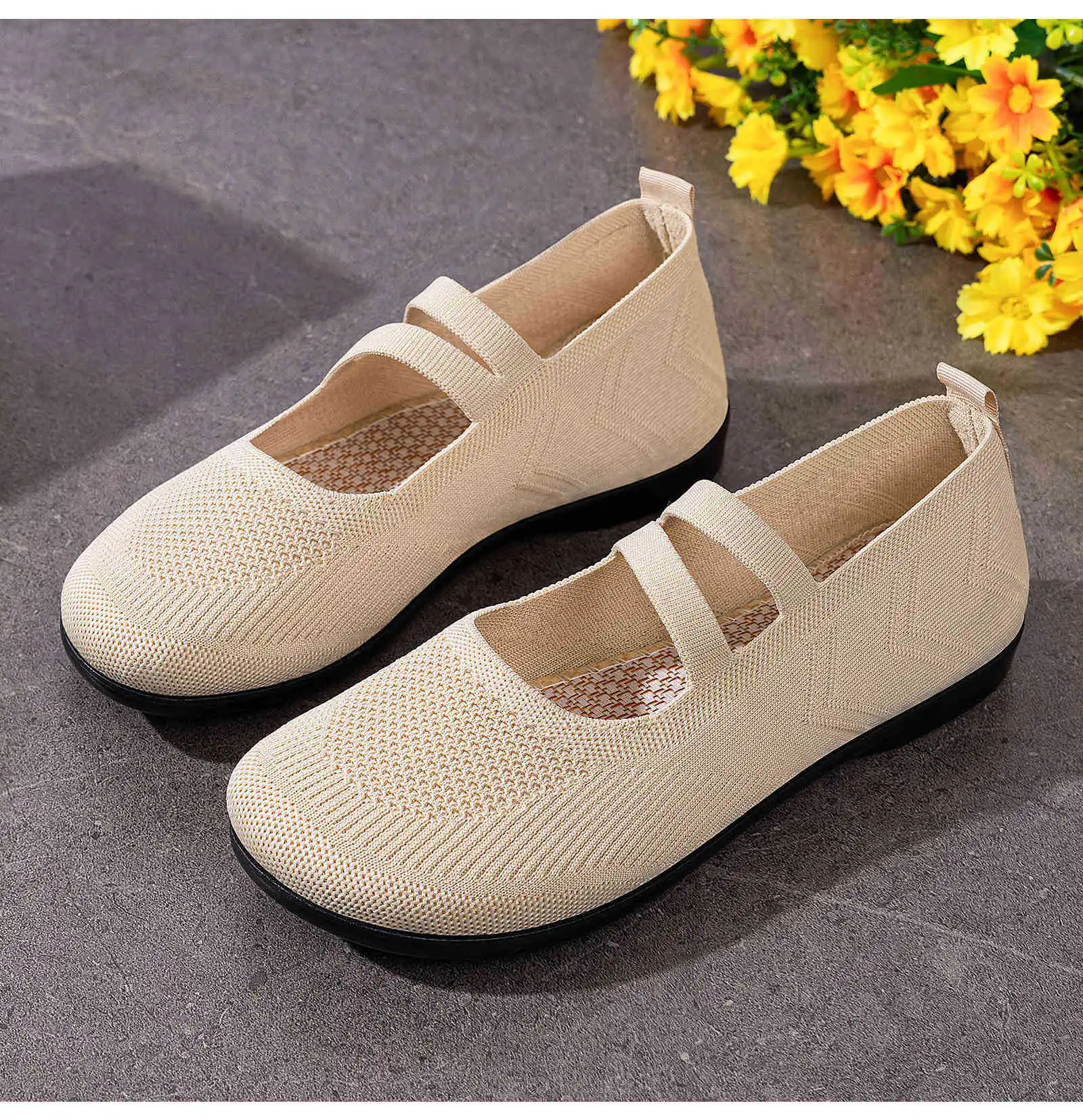 Women's Breathable Knit Sneakers Casual Ballet Flats Mary Janes Lightweight MeshFemale Dress Flats Shoes Footwear Summer