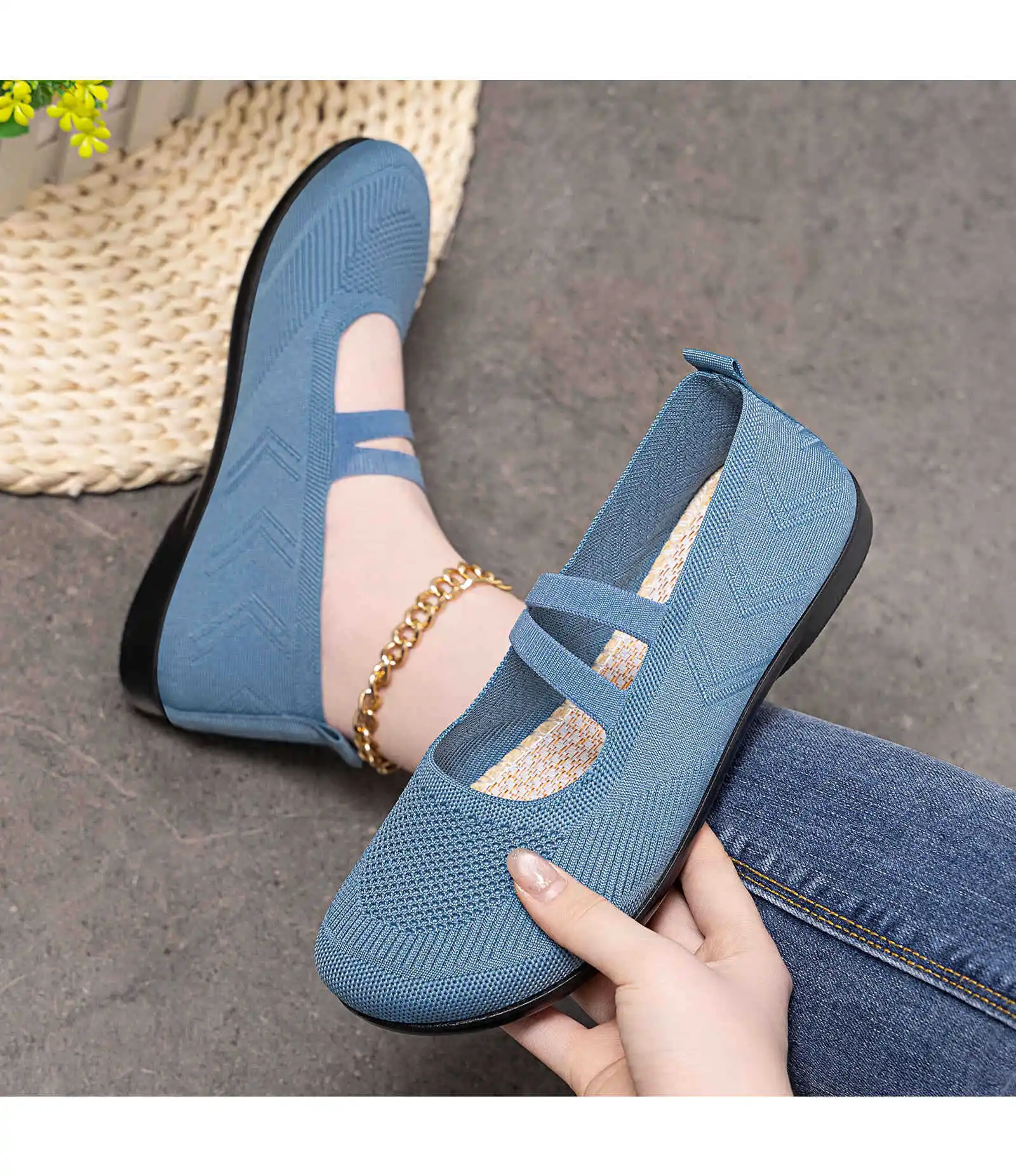 Women's Breathable Knit Sneakers Casual Ballet Flats Mary Janes Lightweight MeshFemale Dress Flats Shoes Footwear Summer